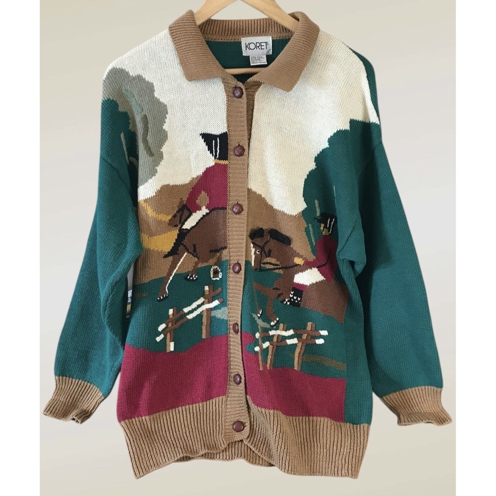 Vintage Koret 1990s Equestrian theme Horses Animal Preppy Knit Cardigan Sz Large
